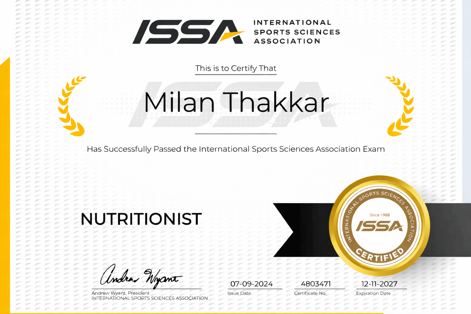 ISSA Nutritionist Certification - Milan Thakkar